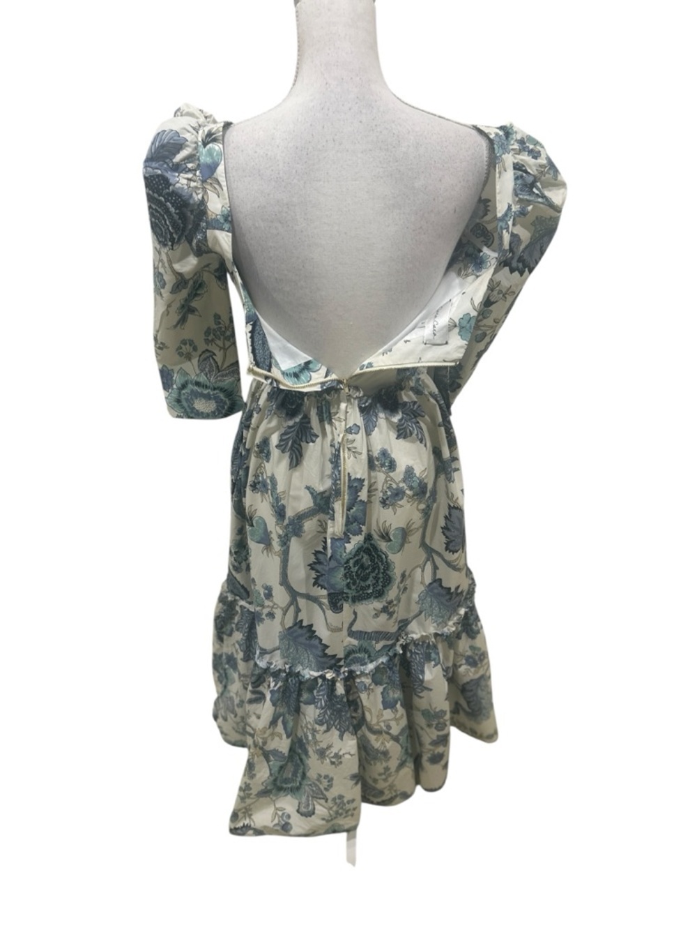 Cara Cara Blue & Cream Floral Square-Neck Midi Dress puff sleeve ruffle hem 2 - Picture 12 of 14